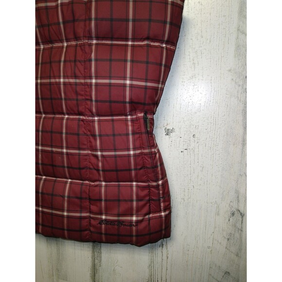 EDDIE  BAUER M MULTI RED PLAID PREM. GOOSE DOWN/ FULL ZIP PUFFER VEST  Pre-Owned - Picture 2 of 8